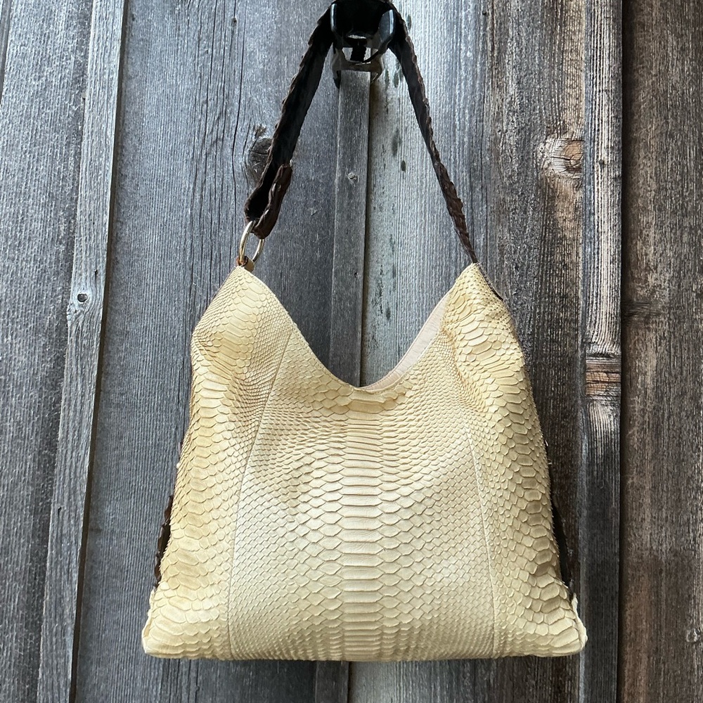 RARE VINTAGE PYTHON / CROC.  Cream and Brown Hobo Bag